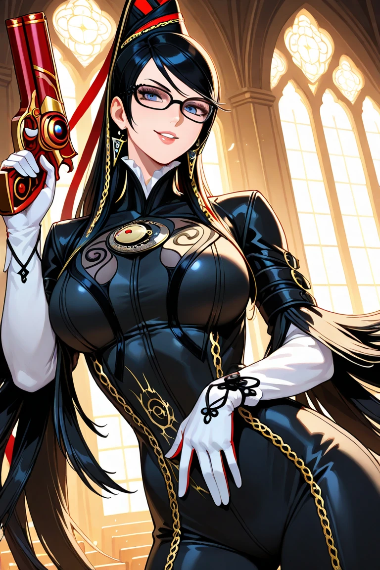 ((masterpiece)),((best quality)),((absurdres)),((ornate)),<lora:bayonetta_1_aiwaifu_v50:0.6>,straight-on,upper_body,pose,looking_at_viewer,bayonetta_1_aiwaifu,aiwaifu,black_hair,glasses,blue_eyes,mole_under_mouth,very_long_hair,jewelry,large_breasts,earrings,ribbon,bodysuit,gloves,hair_ribbon,makeup,lipstick,cleavage_cutout,cleavage,amulet,chain,elbow_gloves,bangs,gold_chain,skin_tight,toned,curvy, narrow waist, solo,mature_female,looking_at_viewer,indoors,altar,church,stained_glass,arch,light_rays,incense,pillar,candlelight,cathedral,sidelighting,light_particles,blurry_background,colorful,bokeh,(novel_illustration:1.221),(incredibly_absurdres:1.221),(ornate_clothes:1.221),(dappled_sunlight:1.221),(depth_of_field:1.221),(scenery:1.221),(realistic:1.221),(masterpiece:1.221),