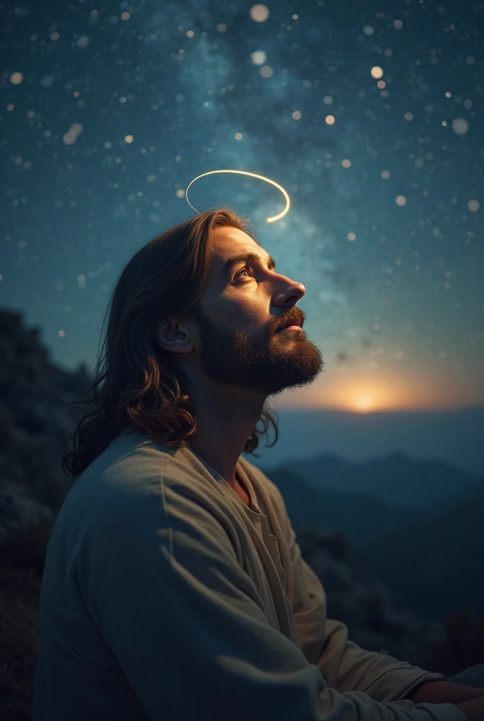 Jesus looking forward
many stars and a light
