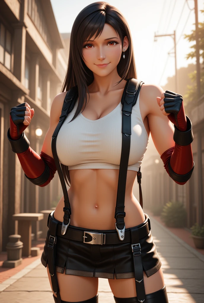 (illustration:1.4), top quality, very delicate and beautiful, high resolution, 1girl, tifa_lockhart, smile, (slendered abs:1.5), (abs), cowboy shot, suspenders, low rise, mini skirt, tank top, tense shirt, black hair, long hair, elbow gloves, beautiful detailed red eyes, face light, movie lighting, navel, high exposure, abdomen exposure, ribs, abs, (gigantic breasts: 1.4), dynamic poses, dynamic angles,