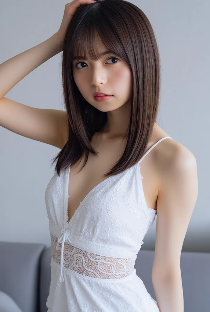 Platinum Blonde Straight Hair、校服、portlate、bright expression、thighs thighs thighs thighs、Young shiny shiny white shiny skin、Best Looks、shiny light hair、Beautiful bangs that shine、Double eyelids、eye liner、Crystal clear big blue eyes that shine attractively、a small face、Very beautiful lovely cute 18 year old Eastern European girl