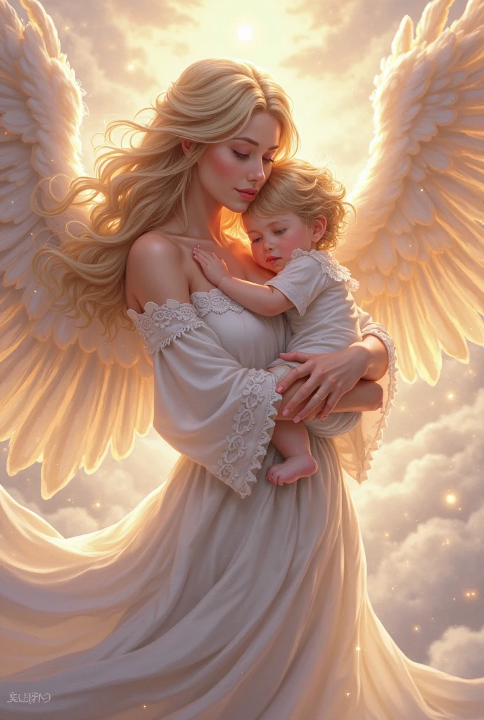 Very beautiful woman with captivating beauty, with two beautiful eagle wings. She is wearing jeans. She flies. She is holding a baby in her arms. She looks at the baby smiling. General plan.