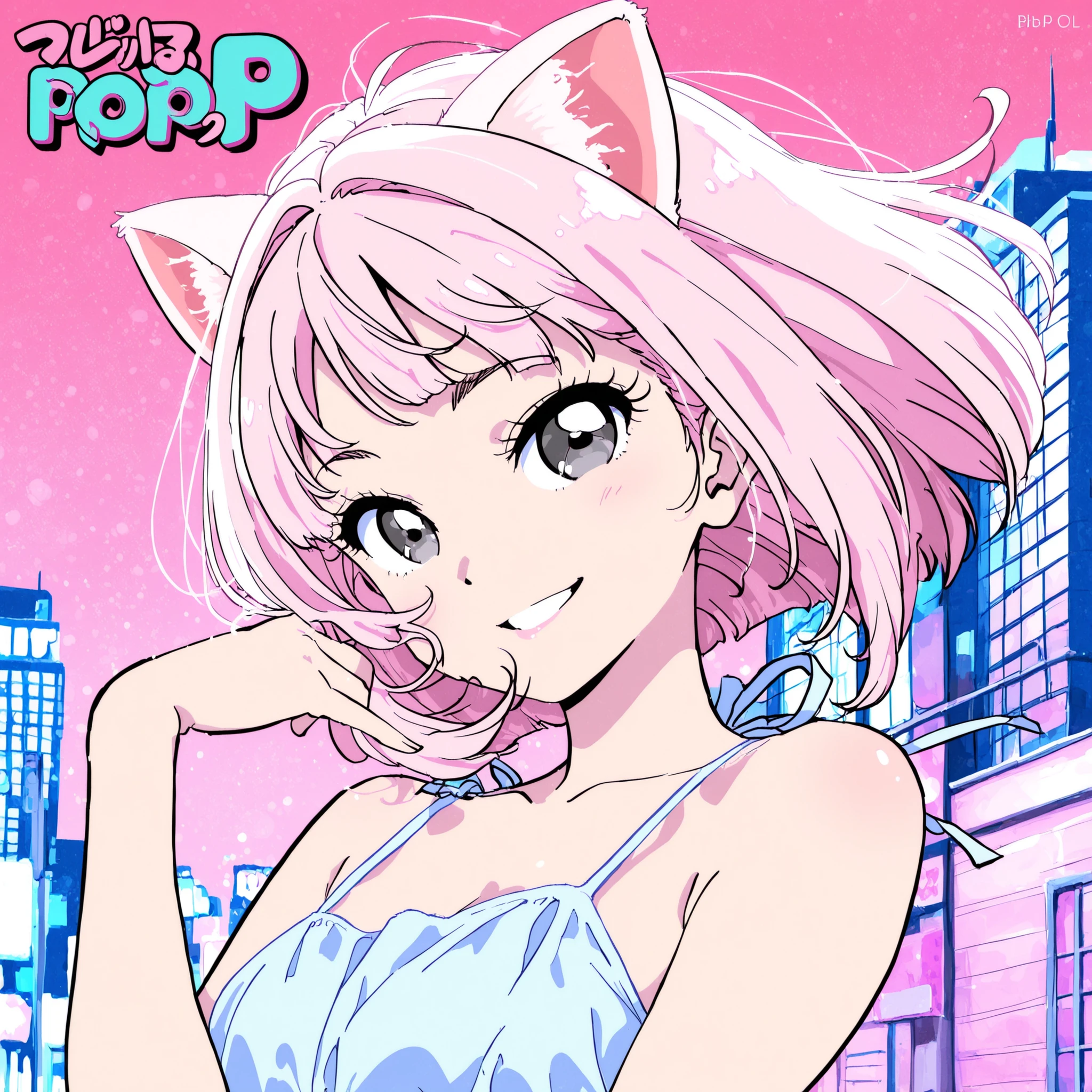 dynamic pose, half body, half profile, masterpiece, high quality, pale pink hair girl, bob tidy hair, pale pink cat ears, bluish gray eyes, anime style, adult face, cute, smiling, city pop background, dress