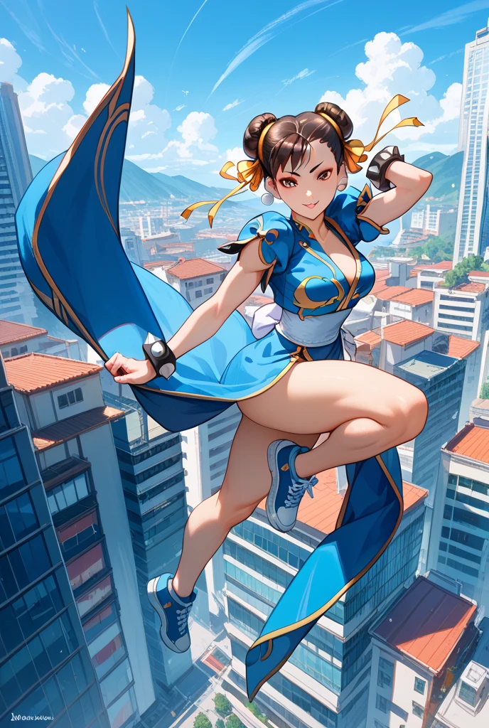 masterpiece, best quality, highres, 1girl, solo, superhero, leotard, blue and white leotard, bare legs, brown hair, short hair, brown eyes, hairband, medium hair, ribbon, boots, matching boots, blue boots, medium breasts, cowboy shot, smile, sky backdrop, haruhi suzumiya, kyoani haruhi style, sleeveless, flying, flying pose. looking at viewer,