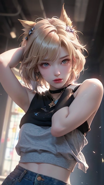8K,gal,an extremely delicate and beautiful,Beautiful and realistic skin,Shiny jewel-like earrings,Shine like glitter greige hair,topknot,beautiful eyes,Fashion Model,full body,sleeveless sweater,denim short shorts