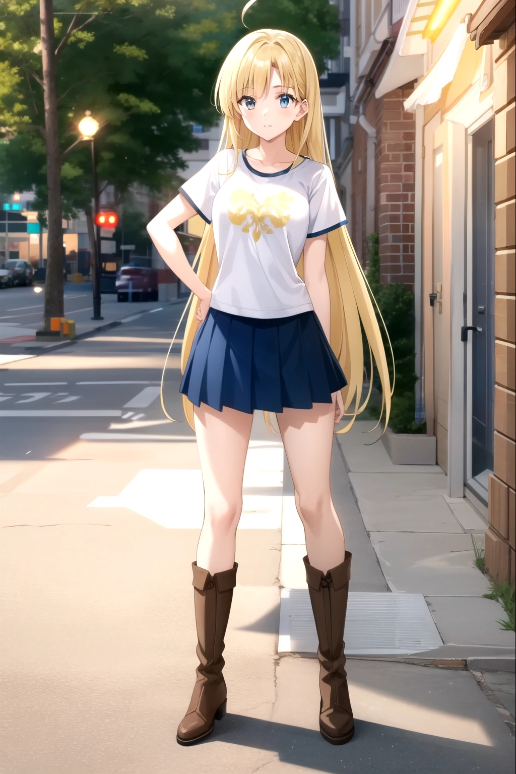 1girl, standing (Anatomically Correct body 1.6 ) Blonde anime girl with long hair of (eye Yellow Navy blue t-shirt and light blue skirt (color) And brown boots 1.6)