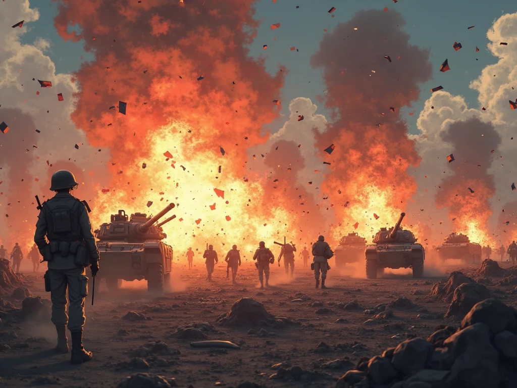 masterpiece, official art, 8k, masterpiece, best quality, highly detailed The war scenes were chaotic and intense, with planes soaring through the air, firing missiles and dropping bombs on the ground. Smoke and flames rose from the battlefield, and tanks and armored vehicles rumbled forward, unleashing a barrage of artillery fire. In the distance, large artillery guns can be seen firing, shells squealing in the sky. In the chaos, soldiers can be seen fighting heroically, hiding behind sandbags and shooting at the enemy. It was a scene of destruction, with buildings reduced to rubble and debris everywhere. The sky was blackened by smoke, and the sounds of war could be heard echoing in the air.