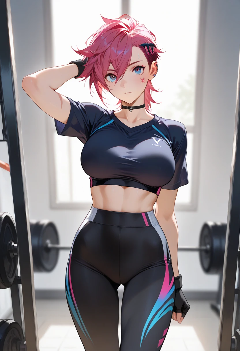 melhor qualidade, ultra high resolution, foto tirada, (fotorrealista:1.4), 1 garota, Meninas fisiculturista, garota musculosa, sorriso,
 Na Academia, Tank top cinza, leggings rosa, Olhar, ((( bonita alta))), (((Cabelo Muito Curto))),  corpo todo, belos olhos, rosto bonito, sorriso luminoso, (((Bunda redonda:1.3))), ((bunda grande)), ((Cabelo escuro,))