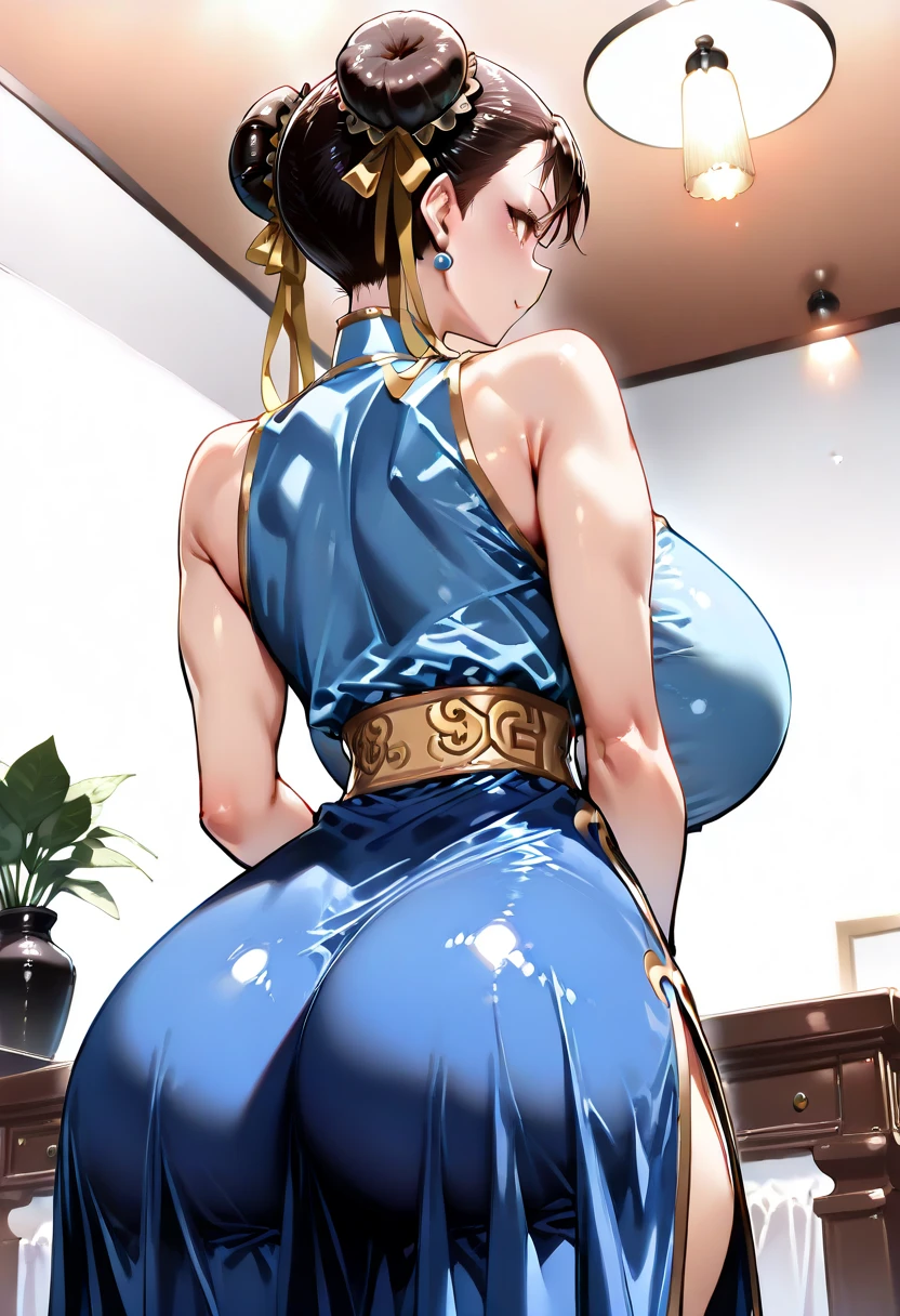 Chun li, ((Best Quality)), ((masterpiece)), (detailed), 1 girl, super large breasts, big tits, super super big booty, enormous big ass, blush, tight black cropped t-shirt, tight black sports pants, looking at the viewer, view from behind, backward, at home, grabbing something from the floor with outstretched legs