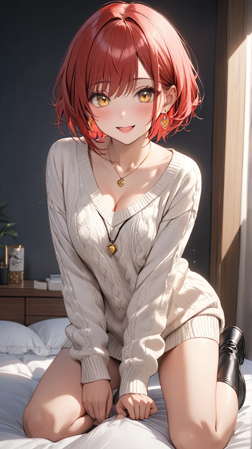 hires detailed, Content, cozy bedroom, daytime, mid-shot, reading a book, slim, girl with pale skin, small breasts, green eyes, straight red hair in a messy bun, oversized sweater and shorts, dreamy expression, warm lighting.