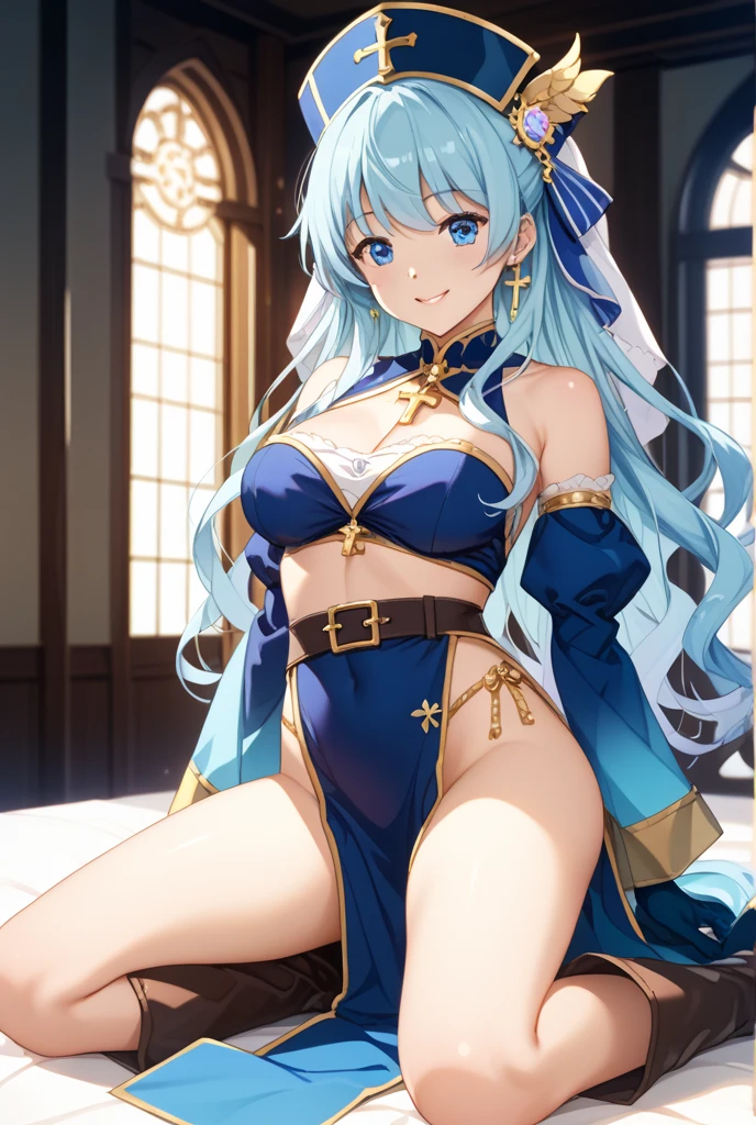 1girl, masterpiece, best quality, illustration, lia parapara leazas, indoors, sittting, on throne, stone walls, bare shoulders, hair ornament, looking at viewer, hands on own face, smile, cleavage cutout, showing panties, bottomless, torn clothes, pussy line, sweat, slender