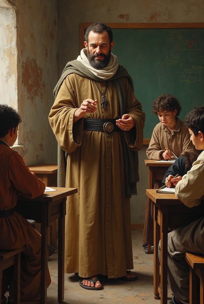 Pythagoras teaching. in a room . cheered up