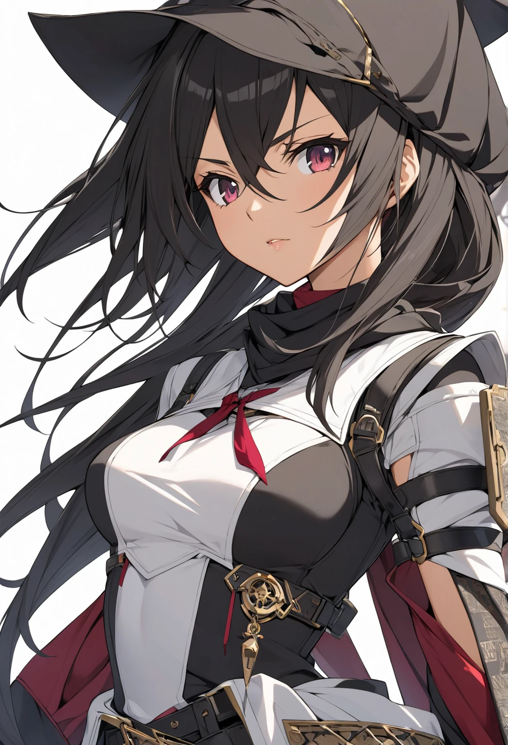 beautfull woman, with a cape. well-detailed face, detailedeyes, whole body, long black hairs, ruby red eyes, skin tanned.