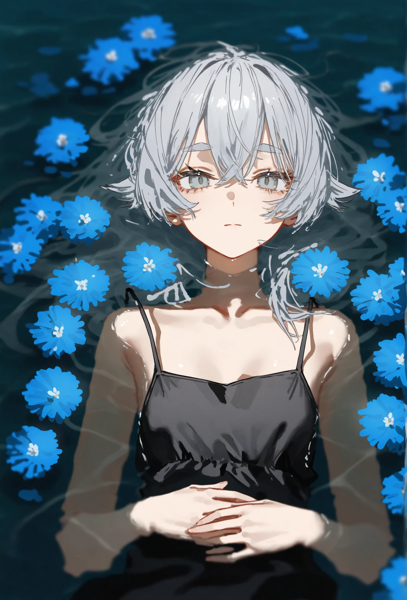   1 juvenile， girl，Gray eyes, looks at the viewer, blue flower , partially submerged in effluent, Gray long hair, black dress, hands on her stomach, Upper body, Thick eyebrows, Shut up, water, clavicle, float, Partial bangs, bare shoulders, lying,  blurry, gray hair,  sleeveless dress with lens, overleaf, from below is expressionless, Spaghetti straps,  masterpiece, best quality, Very awa, 2024, newest, high resolution, absurd