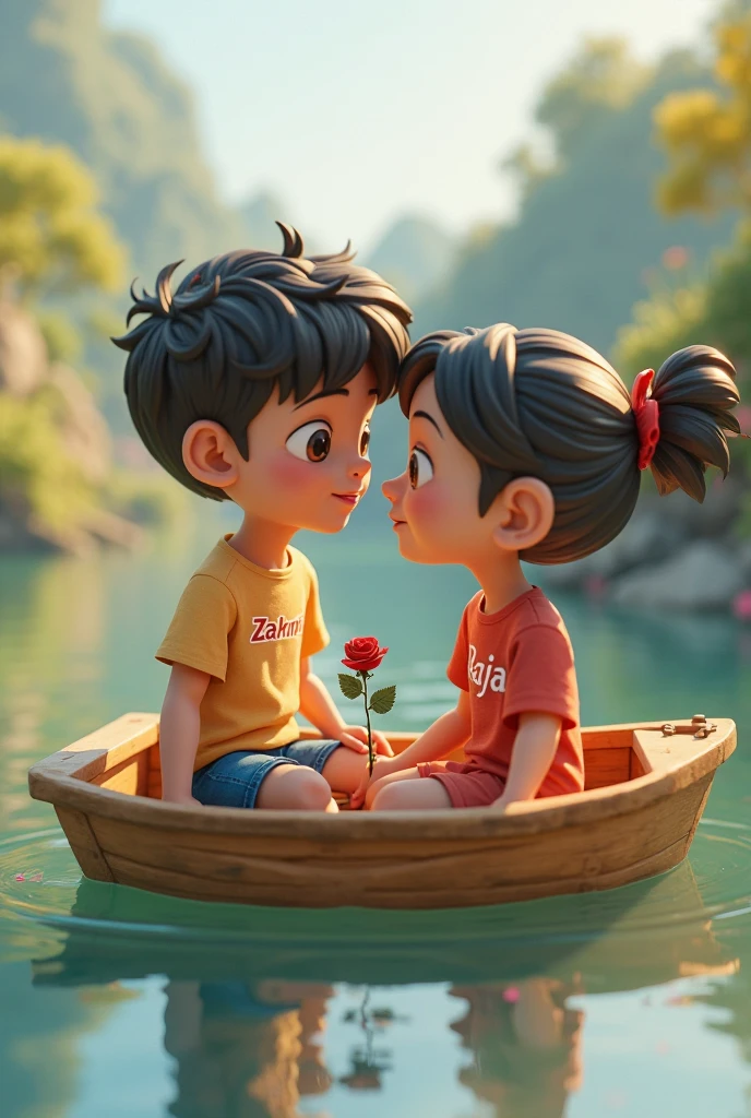 A couple siting on the beautiful boat boyfriend lips Kiss her girlfriend with red rose. Boy wearing a t-shirt wirten his name Romeo and girl wearing a t-shirt writen her name Yana 3d cartoon