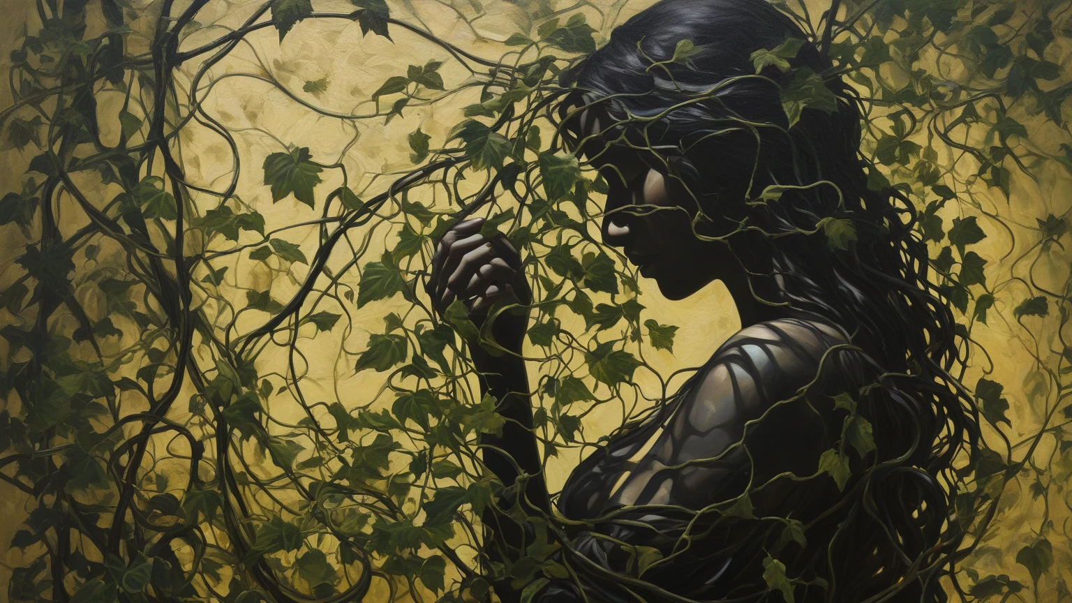 woman covered in plants, covered in plants and leaves, fused with nature, semi-covered body with plants,breasts covered with plants , very long brown hair, medium breasts, perfect ass, moves through the dirty and dark waters of a swamp with sinister vegetation, very sexy and erotica. ,(art inspired by Bill Sienkiewicz). oil painting)
