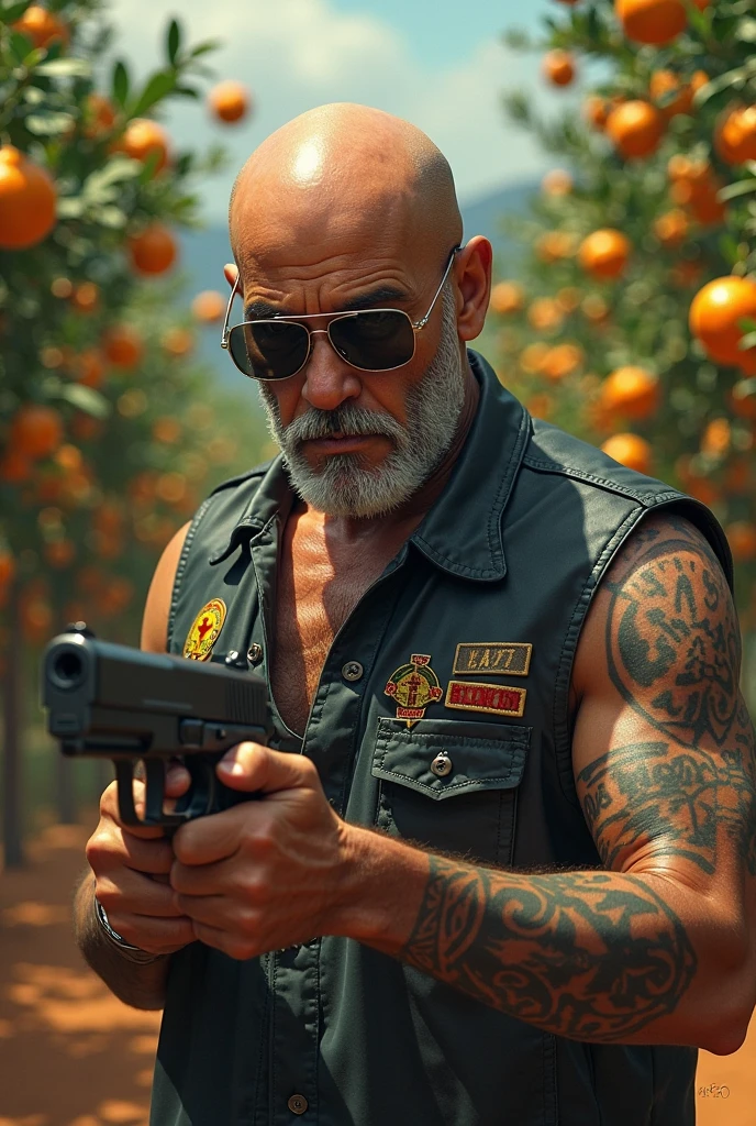 Pablo Escobar bald with beard, tattoo in face, black framed glasses motorcycle club vest holding gun tangerine plantation 