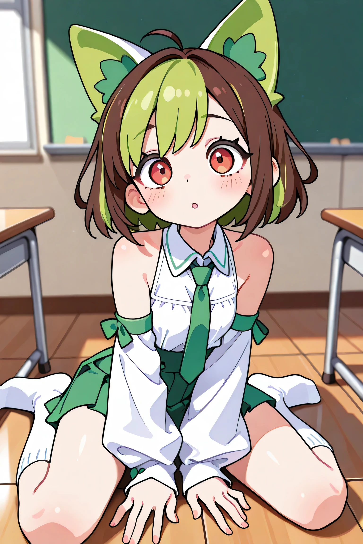 core_core_8_up、score_7_up、score_6_up、score_5_up、score_4_up、masterpiece、Highest Quality、in their 40s、 one girl、dyed bangs 、 multicolor hair that matches the eye、two-tone hair、ties、brown hair、Red Eyes、skirt for ears、middle of chest、detachable sleeves、green hair、 exposes shoulders、indoor、Classroom、1 girl on break day、sexy、erotic、dynamic poses 、 Cypress、dyed bangs 、two-tone hair、thigh-length socks、ties、detachable sleeves、