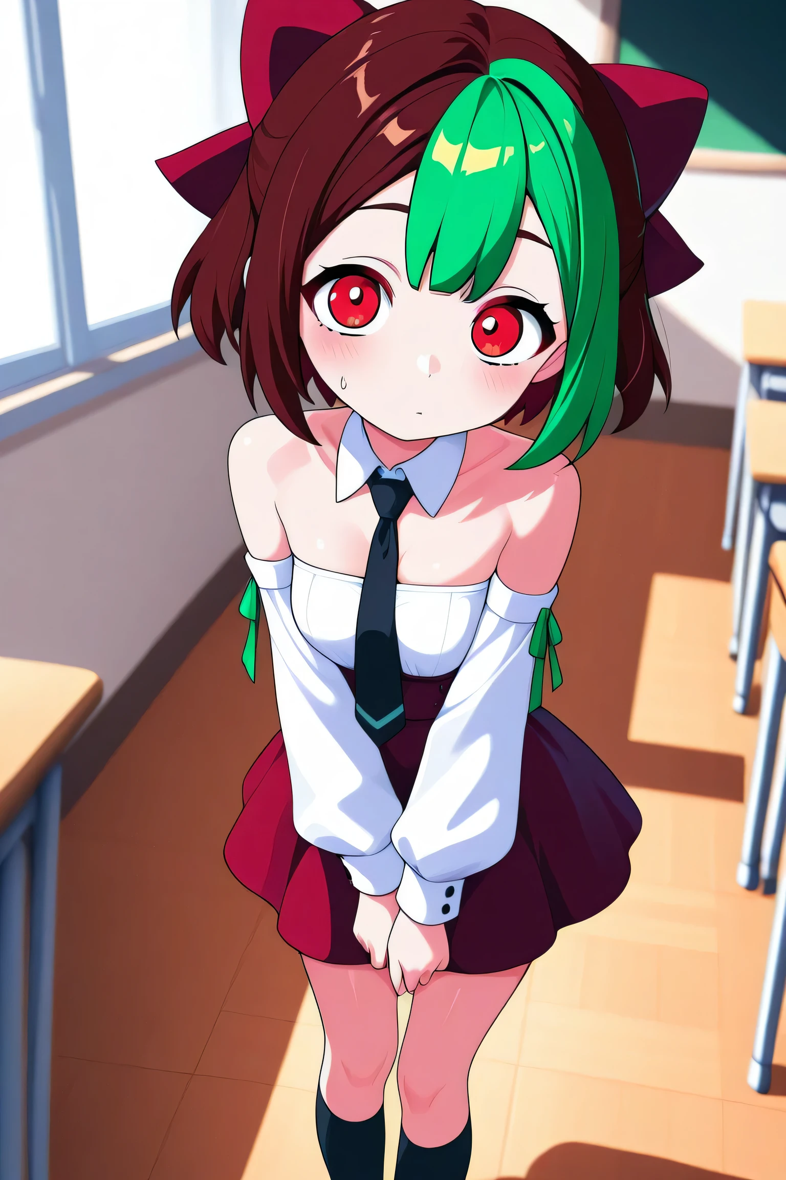 core_core_8_up、score_7_up、score_6_up、score_5_up、score_4_up、masterpiece、Highest Quality、in their 40s、 one girl、dyed bangs 、 multicolor hair that matches the eye、two-tone hair、ties、brown hair、Red Eyes、skirt for ears、middle of chest、detachable sleeves、green hair、 exposes shoulders、indoor、Classroom、1 girl on break day、sexy、erotic、dynamic poses 、 Cypress、dyed bangs 、two-tone hair、thigh-length socks、ties、detachable sleeves、