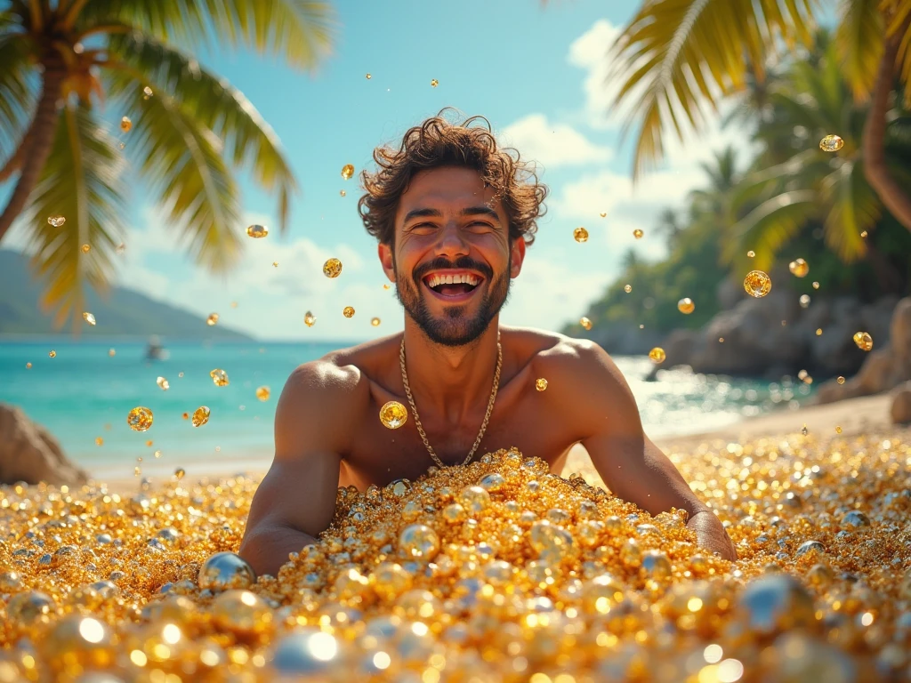 photorealistic, best quality, masterpiece, extremely detailed, sexy, homoerotic, extremely handsome, 20 year old samoan man, smiling, holding out a hand towards camera, an assortment of seashells in his hand, walking on the beach, extremely romantic atmosphere, perfect face, perfect fingers, perfect hands, perfection