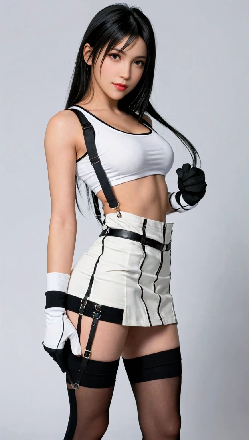 ff7r style, 
tifa lockhart, 1girl, thick lips, arm up, armpits, artist name, belt, black hair, breasts, red eyes, cleavage, closed mouth, collarbone, cowboy shot, crop top, earrings, elbow gloves, elbow pads, gloves, jewelry, large breasts, lips, long hair, low-tied long hair, midriff, navel,   indoors, skirt, smile, solo, stomach, suspenders, tank top, upper body, ((masterpiece))