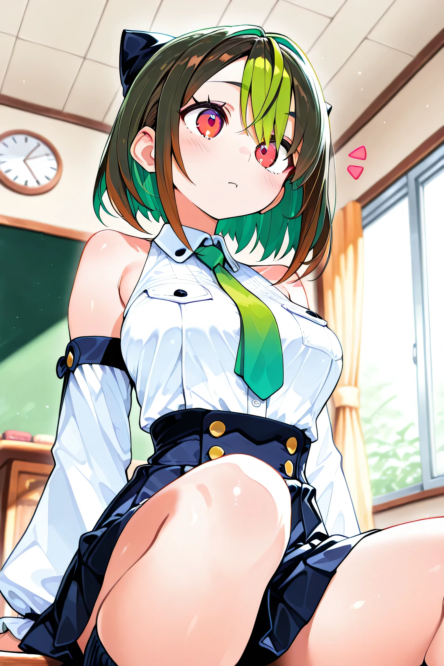 highest quality、ultra high resolution、Professional specifications、green hair,green eyes、embarrassing、(collar),(lead)、((elementary school girl))、((flat chest))、medium hair、((The outline shines))、((stand with hands on hips:1.5))、((From under her feet:1.8))、small ass、((white panties))、school classroom、(())、lolicon、(((sd your legs wide open)))、turned up skirt、panties close up、pink and white dress、Children's wear、red ribbon、(((Transparent)))、cat emphasis、open your mouth、彼女はパンティを見られるのがembarrassing、The man put hiface inside her skirt and kissed her pussy.、Although she was very shy, she shook her hips and was happy..、when his mouth sucked on my clit、she felt so good、I leaked pee.、She accepted the pleasure and rubbed her crotch against the man.'face.