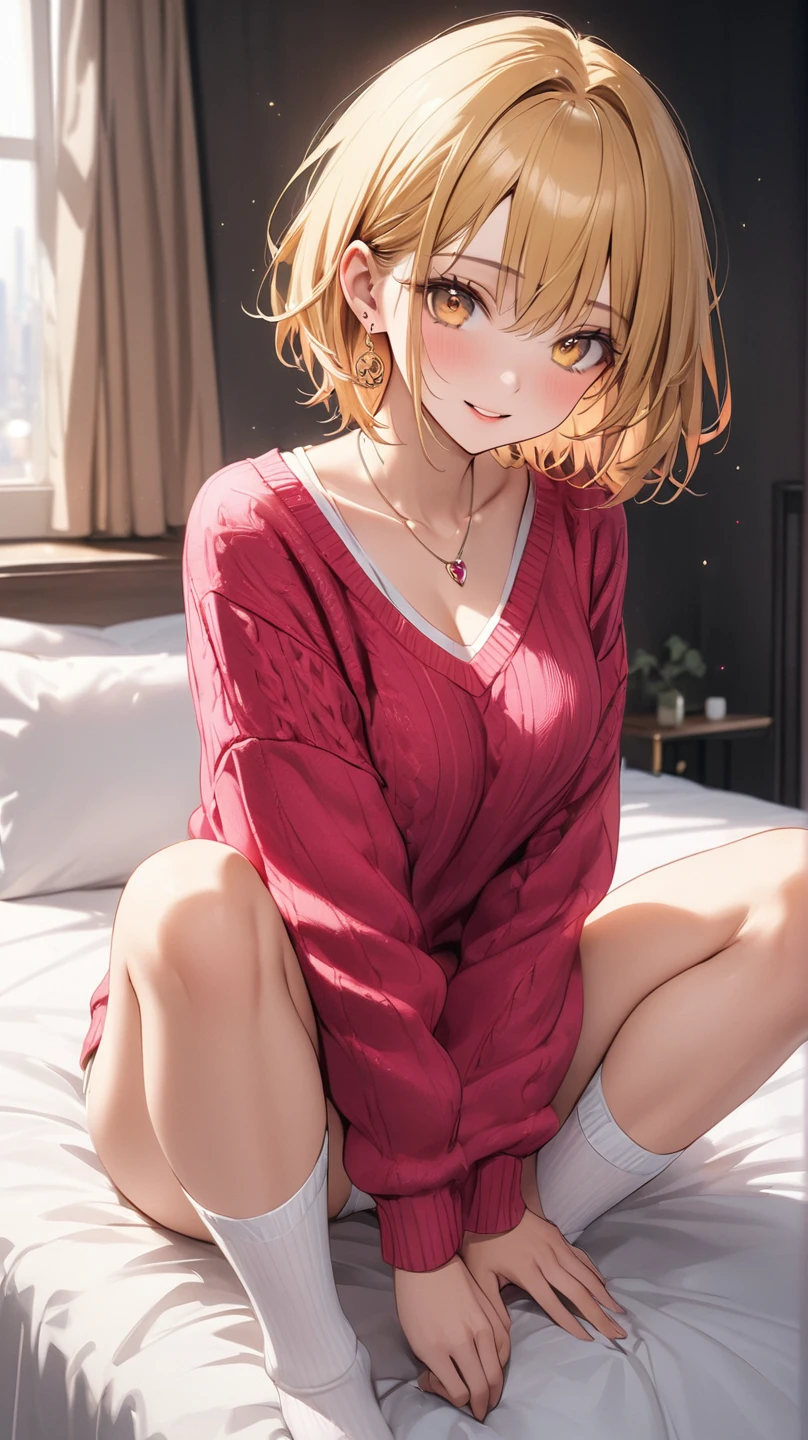 cinematic angle、wide angle lens、Children's room with sunlight、girl sitting on the sofa, smile、yellow eyes、 ((pink gold short bob))、Bangs at the top of the eyebrows、short bangs、morning、Foliage plant、bookshelf
