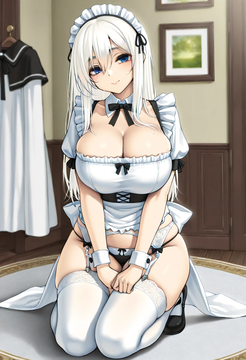 (((masterpiece))), ShizukaMikazuki, One Girl, alone, View your audience, White Hair, Blonde, Cleavage, ((Very large breasts)),blue eyes,Big Eyes,clavicle, Mature Body,Glamorous body,Make your face a little smaller,Enlarge your breasts,tall,Blushing,High Ponytail,Sweaty all over,White Breath,Exposed Pussy,Black maid outfit,Headband,Charm choker,(Feeling facial expression),Earrings,Night view bed,Big Eyes,Lips glossy lips,Red lipstick,(Pink Nails),A lot of semen,Blur the background,(Inserting a dildo),sit,Touching the vagina with your hands,Masturbate,Leg spread,Pregnant women,Sleep on your back