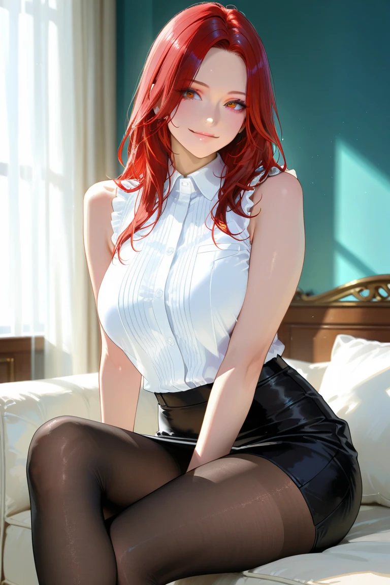 A woman with voluptuous toned figure, red lips, and straight red hair, wearing a sleeveless velvet blue blouse with a belt and a colorful floral skirt, sitting and smiling, high quality, detailed face portrait, photorealistic, 8k, vivid colors, warm lighting, intricate details, hentai