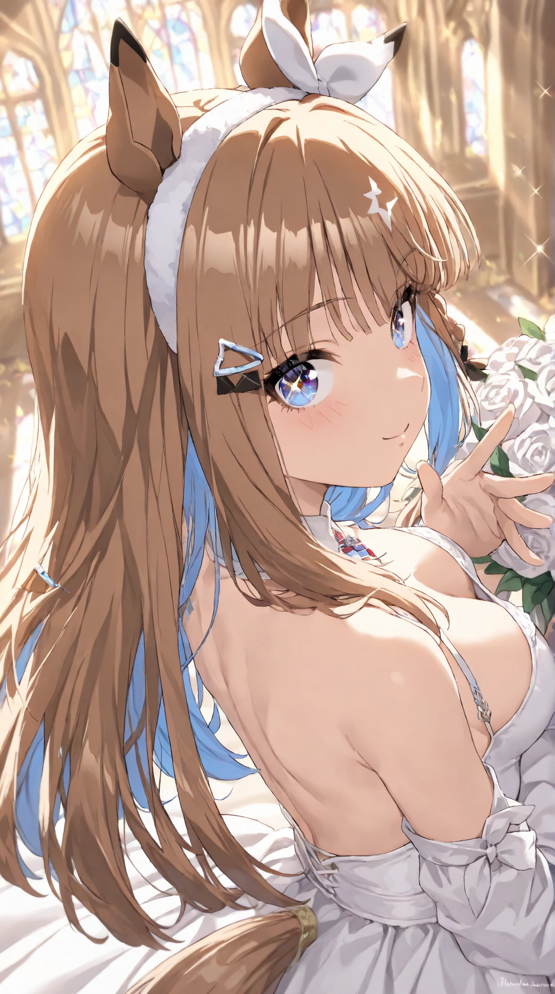 (masterpiece, Highest quality, beautifully、aesthetic:1.3),Aoikan, 1 Female, Mature Woman,alone, A light smile, (Brown hair with red stripes:1.2), (Gradient brown hair tip:1.4), hair, Ridiculously long hair, Single Side Lock, Wavy Hair, Shiny Hair, Floating Hair, (blue eyes), Delicate eyes, Aqua Eye, Very fine eye, Long upper eyelashes, compensate, Focus on the face, Very detailedフェイシャル, Pretty face, Perfect breasts, Hot body, (Delicate skin texture:1.2), Bridal Veil, lace trim dress, See through, Wedding dress, Outdoor, White Rose, garden, morning, Are standing, Very detailed,