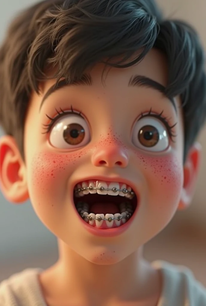 Boy smiling with crooked teeth with braces 