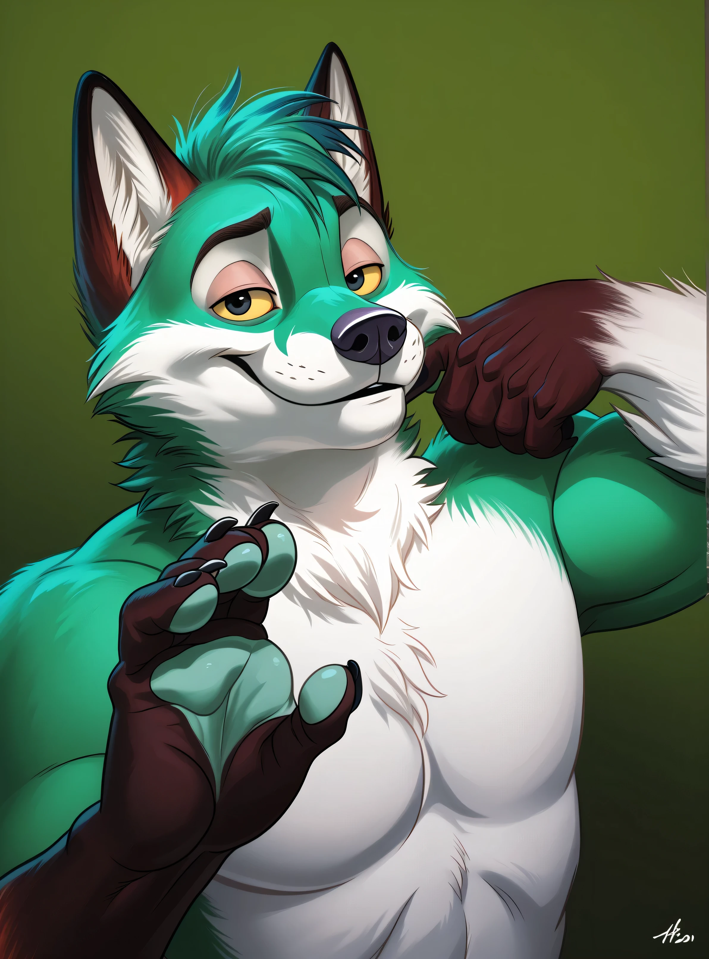 upload on e621, by zackary911, ((meowscles) fortnite), muscular, ((detailed)), calico cat, large body, penis, blush, solo, close to camera, focus on chest , nude, large ass, jockstrap, (soft lines). reaching out hand, winking, mouth open, tongue out