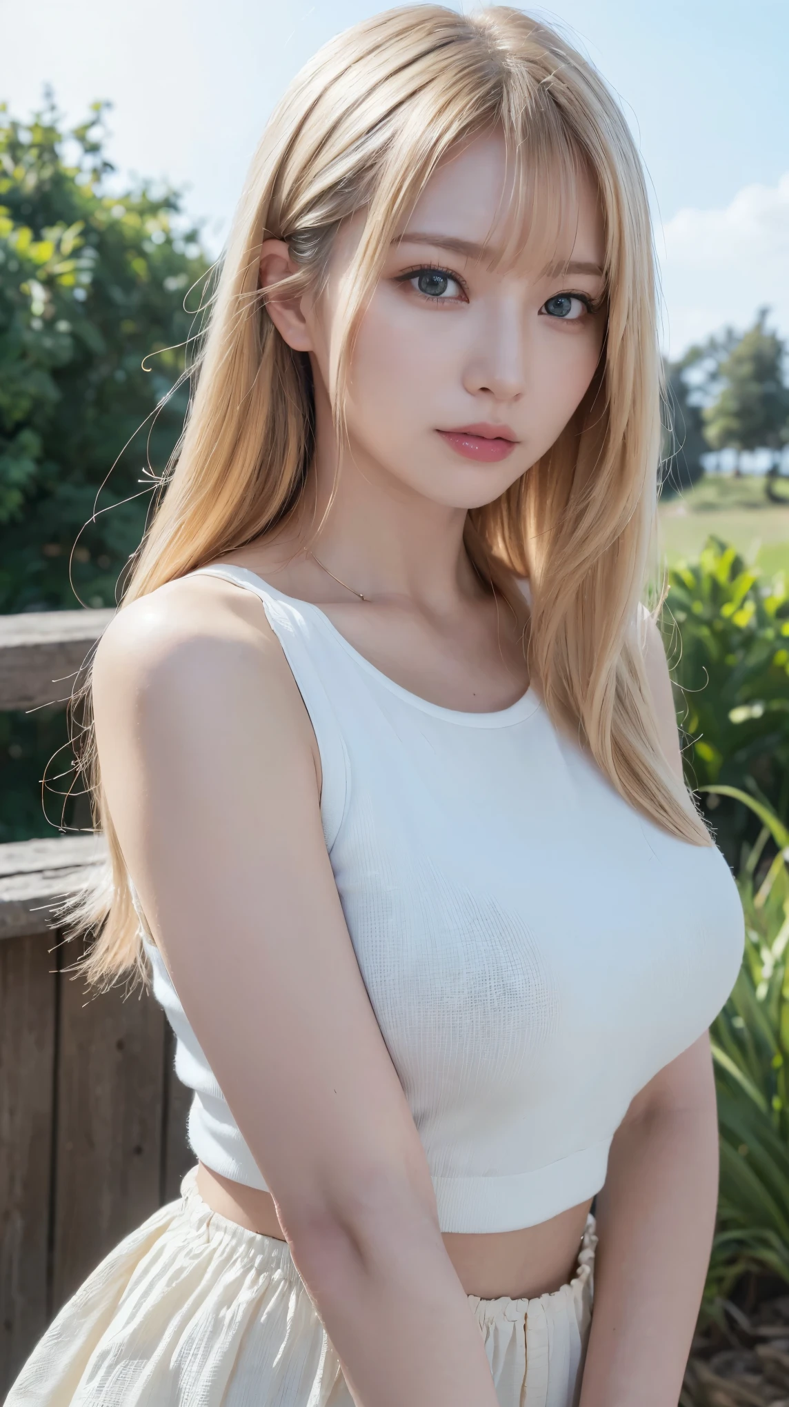 1girl, (ojos azules), (They are smiling :1.2), (En nombre de Minaj), caderas anchas, tetas grandes, grande, Trasero redondo, (La mejor calidad, 8k, Obra maestra: 1.3), Manos perfectas, Enfoque claro: 1.2, Belleza corporal perfecta: 1.4 , abdominales delgados: 1.2, Highly Detailed Face and Skin Texture, ojos detallados, 双眼皮, (Primer plano en la cara), (Cabello largo rubio), (Camiseta negra con escote), (Mini falda plisada negra :1.2), arrodillado sobre la hierba, (mostrando tetas :1.3), (Vista desde arriba :1.3), a japanese park, Sakura en el fondo