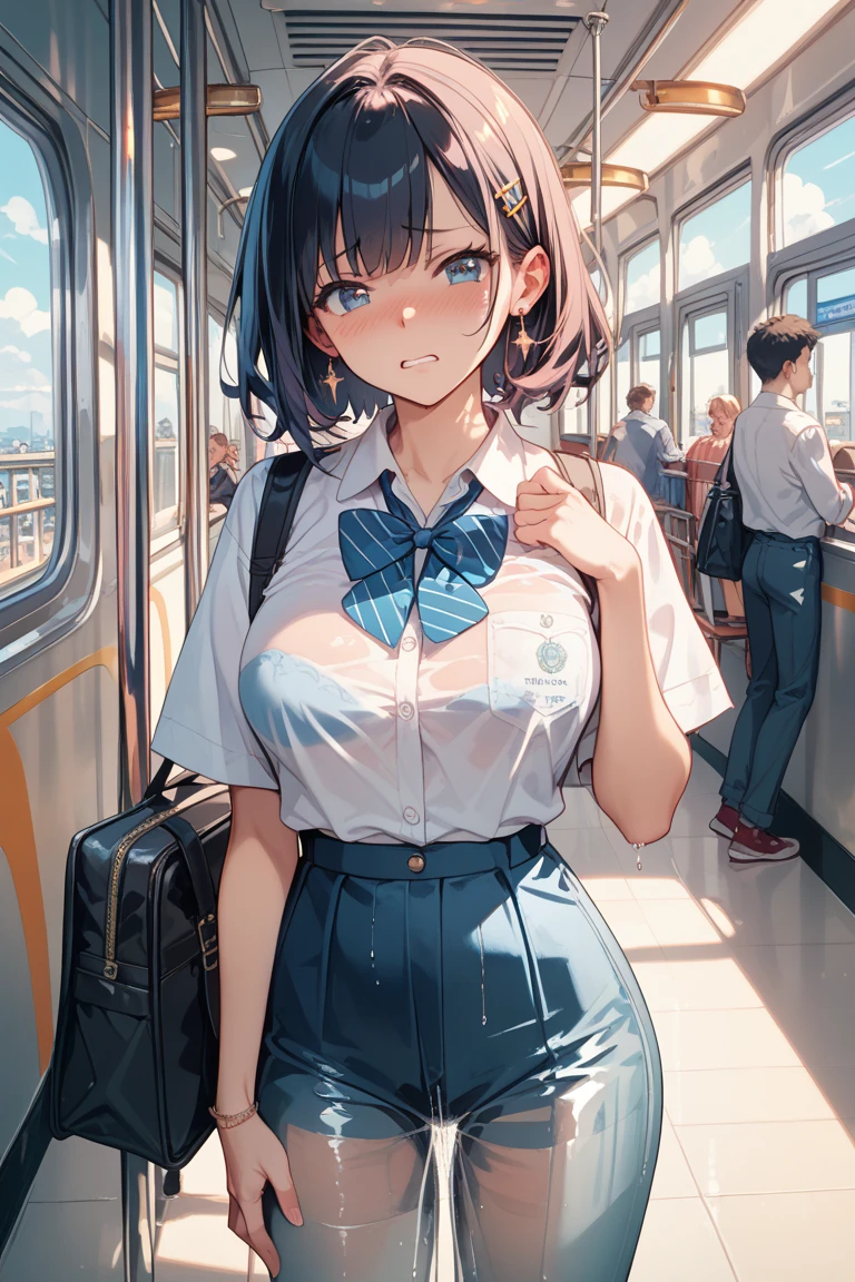 ((top-quality、8K、masterpiece:1.3))、1人、2 arms、accurate and beautiful hands、a train with many people on it、Slender Abs、hyperdetailed face、A detailed eye、二重まぶた、very Bigger breasts、large full breasts、Colossal tits、Neat and clean schoolgirl、short-hair、Straight bob hair、Shorthair with bangs、A smile、Schoolgirl Uniform、Low male genitals visible through the skirt、An 18-year-old woman、Sheer white shirt、Unbutton and unfold the shirt、Exposing breasts、Navy blue ribbon at the collar、Dark Blue Pleated Micro Mini Skirt、He carried a dark blue school bag over his shoulder........、Peek at the viewer、graphics beautiful、On the train、There are a lot of people、Show me your whole body、From head to toe、beautiful daruma pictures、 Standing、No bra、teats see through、You can see the shape of your nipples even through your shirt........、No panties、No panties、No panties、Detailed female genitalia shape pantyhose is missing、(Facing the front)(((Blushing cheeks、embarassed expression)),(((Pull up the skirt with your right hand)))、Showing female genitalia、No pubic hair、Background depth of field、On the train、((A man in a suit standing behind))、(((molesting)))、((A man rubs my chest from behind))、(((Being touched by a man)))Please choose one'skirt in the crowd、Found in many men、Eyes are hearts、trembling with excitement、White breath、Panties on the thighs