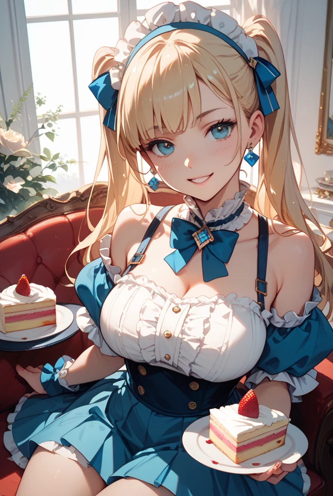 score_9, score_8_up, score_7_up, score_6_up, source_anime, 1girl, solo, defAlexia, long hair, blonde hair, red hairband, brooch, red ballgown, puffy sleeves, frilled sleeves, looking at you, smile, sitting on throne, throne, indoors, stone walls, worried, hand to own chest