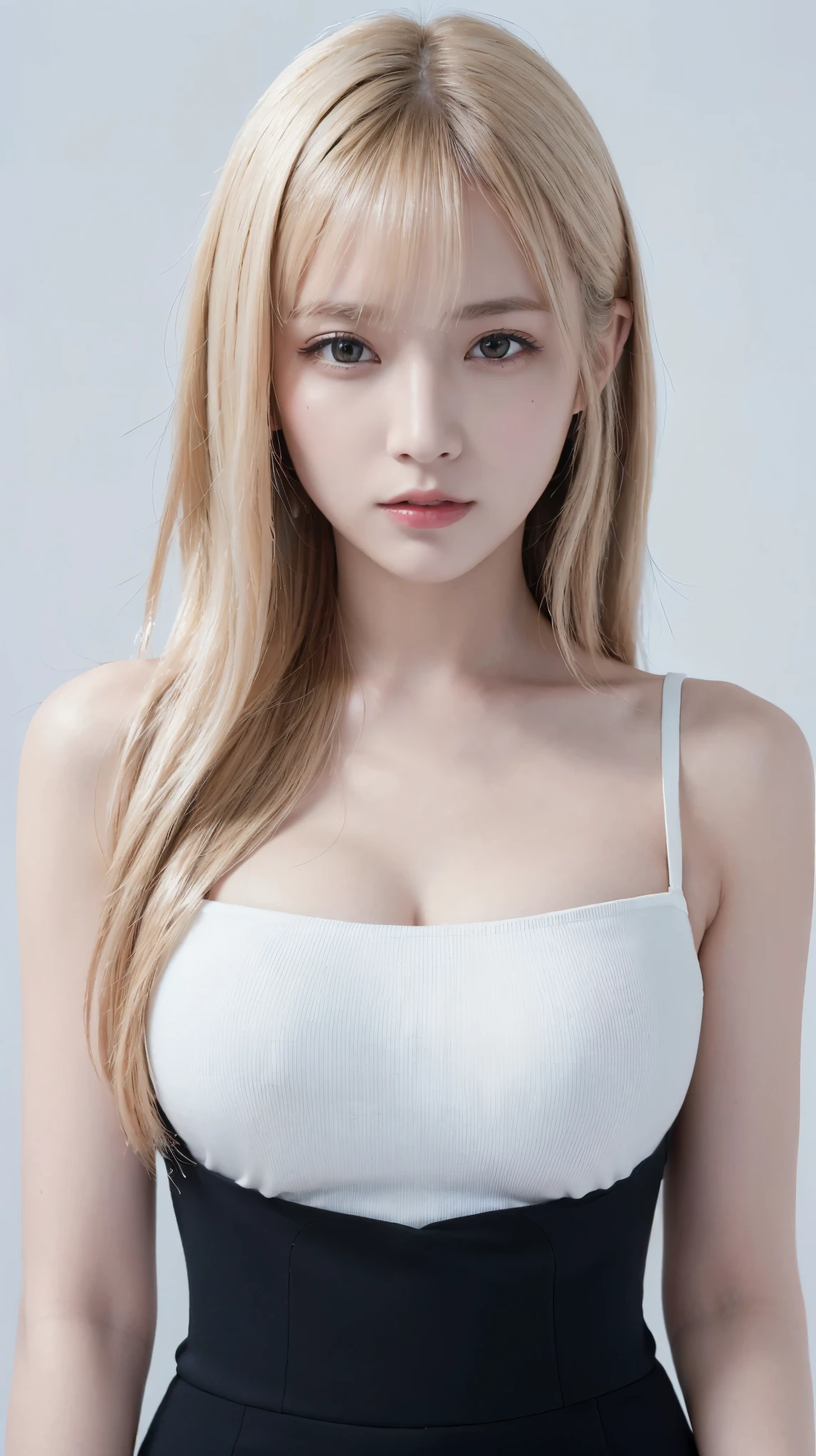 (((forehead、Blonde、Northern Europe、White people、beautiful girl、Blonde、White background、Frills、race、dress)))、table top, highest quality, figure, super detailed, finely, High resolution, 8k wallpaper, Perfect dynamic composition, detailed and beautiful eyes, Deco out,bionde, medium hair, super big breasts, Natural color lip,white background, random cute poses,frill dress