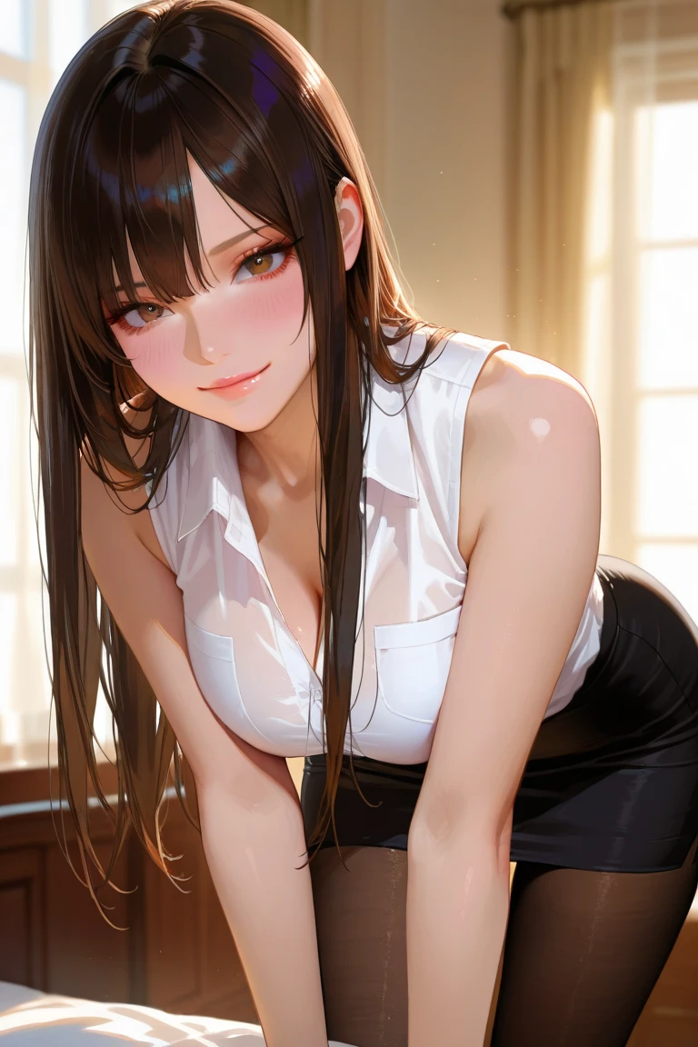 8K quality、High definition、Realistic skin texture、High definitionの瞳、、Blowjobする女、Brown long hair、、A neat and tidy blouse dress made of thin fabric、Dignified face、slender、Model Body Type、Flip-up skirt、Realistic female genitalia、Deeply sucking a realistic male organ、Blowjob、Deep Throat、Semen-covered body、Her head is pressed against the man's waist