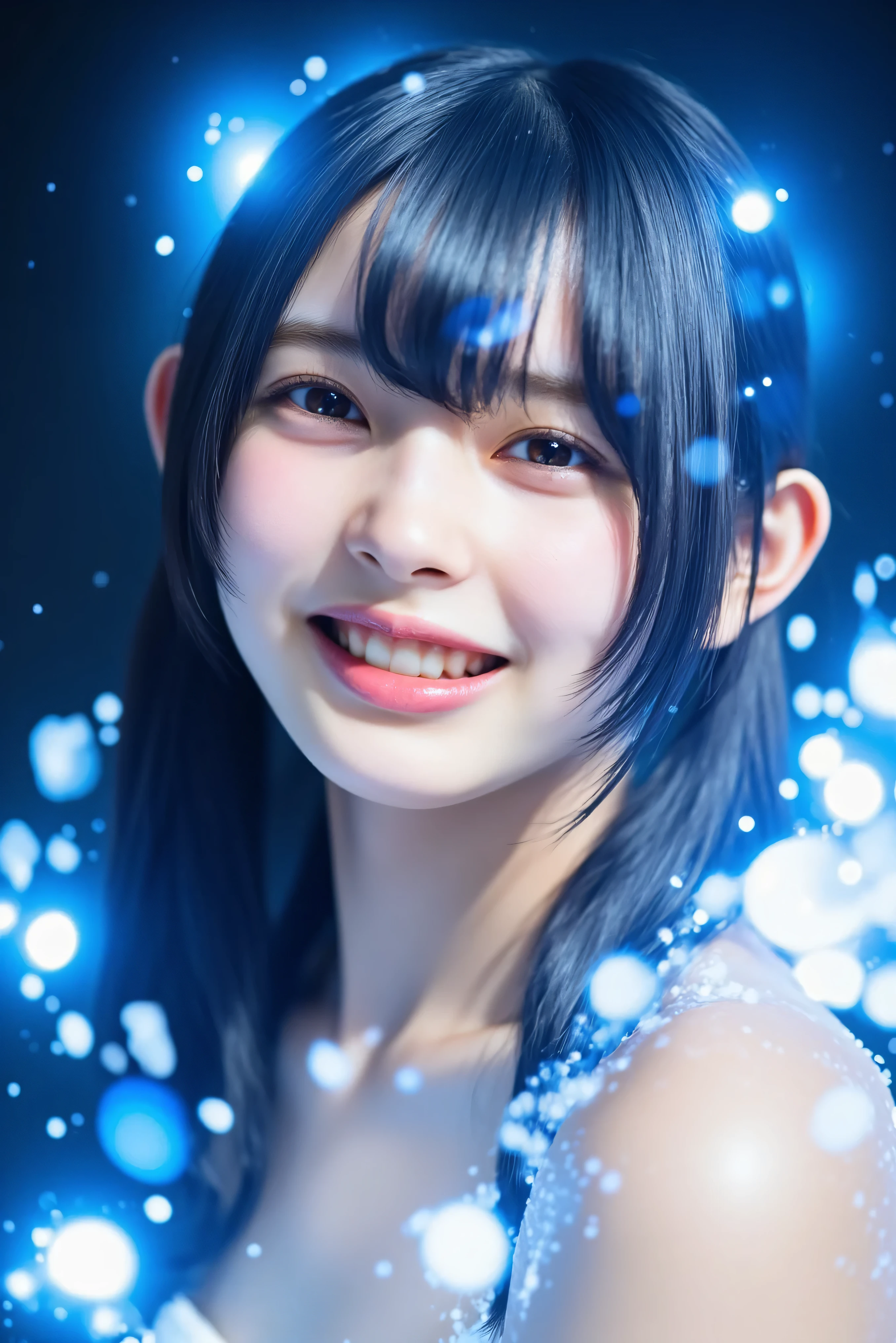 (High Resolution, Tabletop:1.2), Ultra Detailed, Portrait, Slime Girl, 18 years old, Covered in Blue Slime, of Light Blue Slime, (Partly Transparent), (Wet), (Blue Sweat), Blue liquid is dripping from her body. Her hair is also covered in blue slime. Blue slime is splattered all over, Blue Hair, Bangs, Long Hair, Blue Eyes, Big Breasts, Slender, Aroused, Lewd, Vulgar, Smiling, (((((Rain, Hydrangea Street, Forest Background, Nature))))), Cinematic Lighting, Cinematic Angle, Angle from Below, (((((Cowboy Shot))))), Sailor Suit