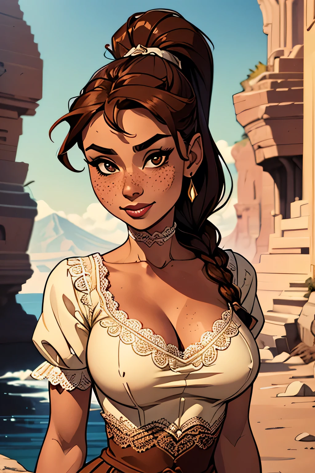 ( Absurdo, hd , Ultra detailed, be careful with your hand ) Close-up view of a slim and athletic woman, 25 anos, 8k (( high definition )), MYSTERIOUS SMILE, look seductive, brown eyes sweater, wearing a high-waisted ochre brown long dress (( with lace V-neck , renda chantilly, short sleeves )), thin waist, arms at the sides of the body, pele morena, long brown hair (( with a braided ponytail )), It is in a cave (( upper body )), with freckles on the neck and breasts , (( big round breasts, suaves )), (( Well defined collarbone)). Marvel style (( hq )), cave in the background.