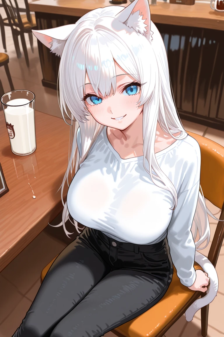 sitting, eating food, (white t-shirt), (black short pants), luxury restaurant indoor background, rossweisse, (1 girl), anime cels style, best quality, high resolution, 1girl, (huge breasts:1.2), beautiful face, grey hair, aqua eyes, long hair, rossweisse hair, hair ribbon, cowboy shot, smiling, blush
