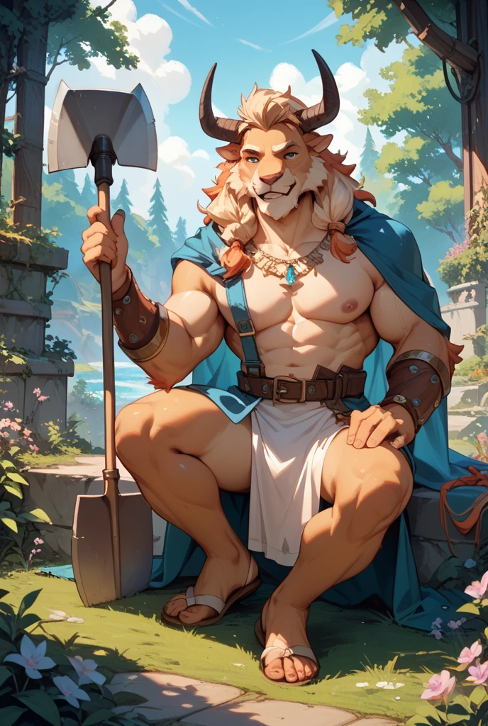 solo, male, (muscular:0.7), shaman, (male anthro lion):1.3, (standing tough pose):1.3, (kemono:0.6), (tribal clothing, long loincloth, bandage wraps), detailed eyes, large tail, mane, ((bust portrait)), (detailed eyes, blue eyes):1.1, (outdoors:1.35), altar, fire, smoke, forest, candle, night, (particles ,firefly, blue glowing):1.3, detailed background, photorealistic, realistic hands, 8k hd, (dark shadows, wide dynamic range, hdr, low light:1.2), by (by Pino Daeni, (by ruaidri), by virtyalfobo), (best quality, masterpiece:1), furry lion, brown fur, fuzzy, blushing, collar, slave, big mane, buldge