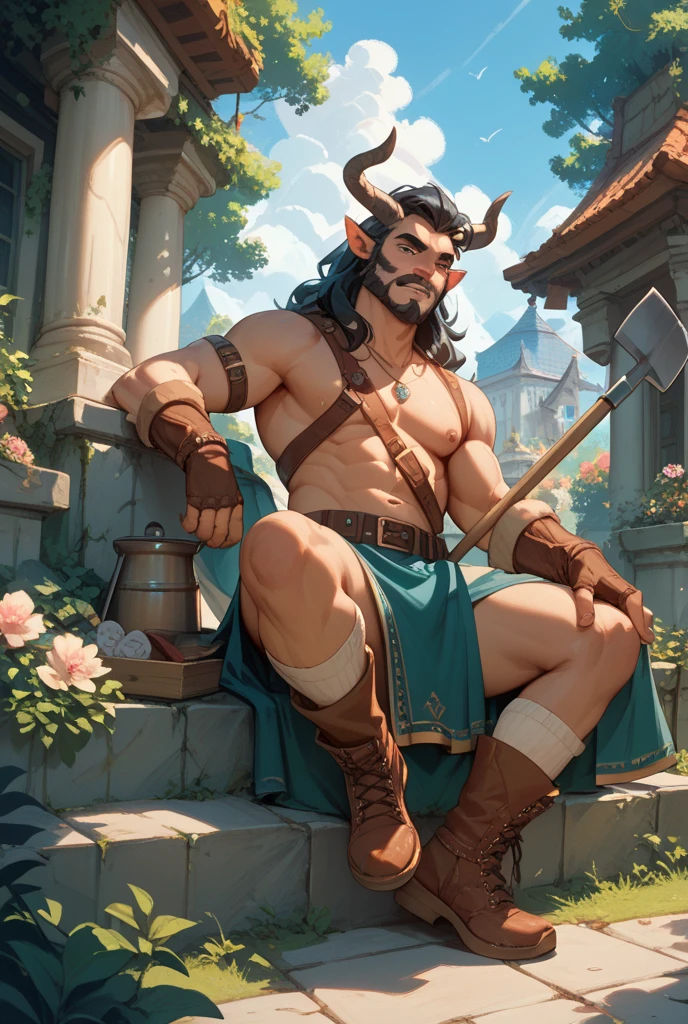 male, bara, fur legs, fur, fur pants, goatlike legs, goatlike, satyr, horns