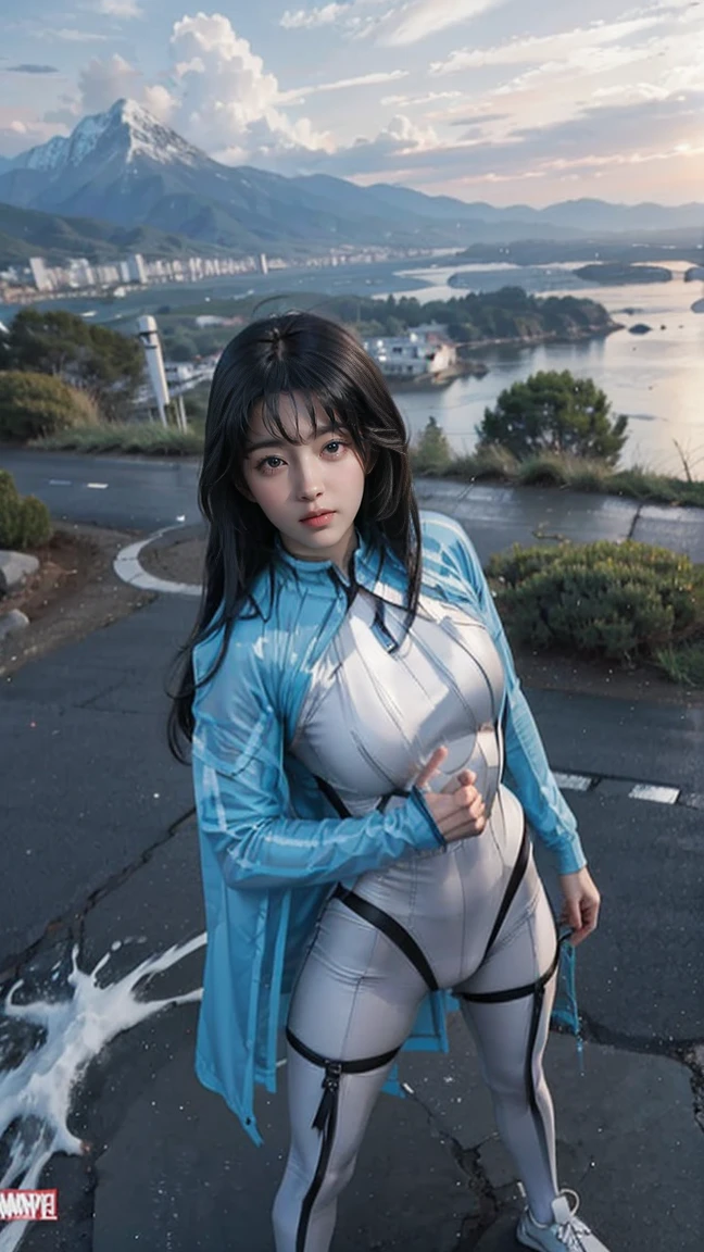 (Highest Resolution, clear_image), Highest quality, masterpiece, Very detailed, Semi-realistic, Woman with shoulder-length black hair, Dark Eyes, mature, mature woman, Imperial sister, sexy, short hair, Triple Van, Light blue uniform, Light blue uniform jacket, soldier, Light blue pleated skirt, uniform, Fighter Front, future, SF, universe
