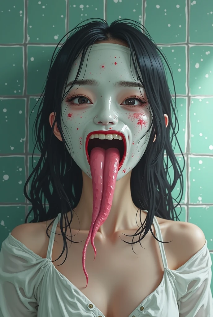 (masterpiece:1.3), (8k, Realistic, RAW Photos, highest quality: 1.4), ((1 Kayako)), Beautiful Face, (Realistic Face), (Black Hair, Long Hair:1.5), Beautiful hairstyle, ((The face is hidden by bangs:1.3)), Realistic eyes, ((White of the eyes:1.2)), Beautiful fine details, (Voluptuous body), (Realistic Skin), Beautiful Skin, ((Pale skin:1.4)), Absurd, Charm, Ultra-high resolution, Ultra-realistic, Very detailed, Golden Ratio, ((Soaking in a bubble bath:1.2)), (Large Breasts), (Cleavage), ((Frowning)), (Flushed:1.0), (Anguished expression:1.2), (cum on face:1.3), NSFW (Completely naked), (On all fours), NSFW ((Paizuri, Giving a blowjob)), (fellatio), (deep throat:1.1), BRAKE (1boy, 1penis:1.2), real penis, real glans, real tips, ((Thick penis)), Penis with protruding blood vessels, ((cum on face:1.3)), (cum on mouth:1.2), (projectile cum:1.3), (excessive cum:1.2), ((Dark bathroom)), ((steam:1.2))