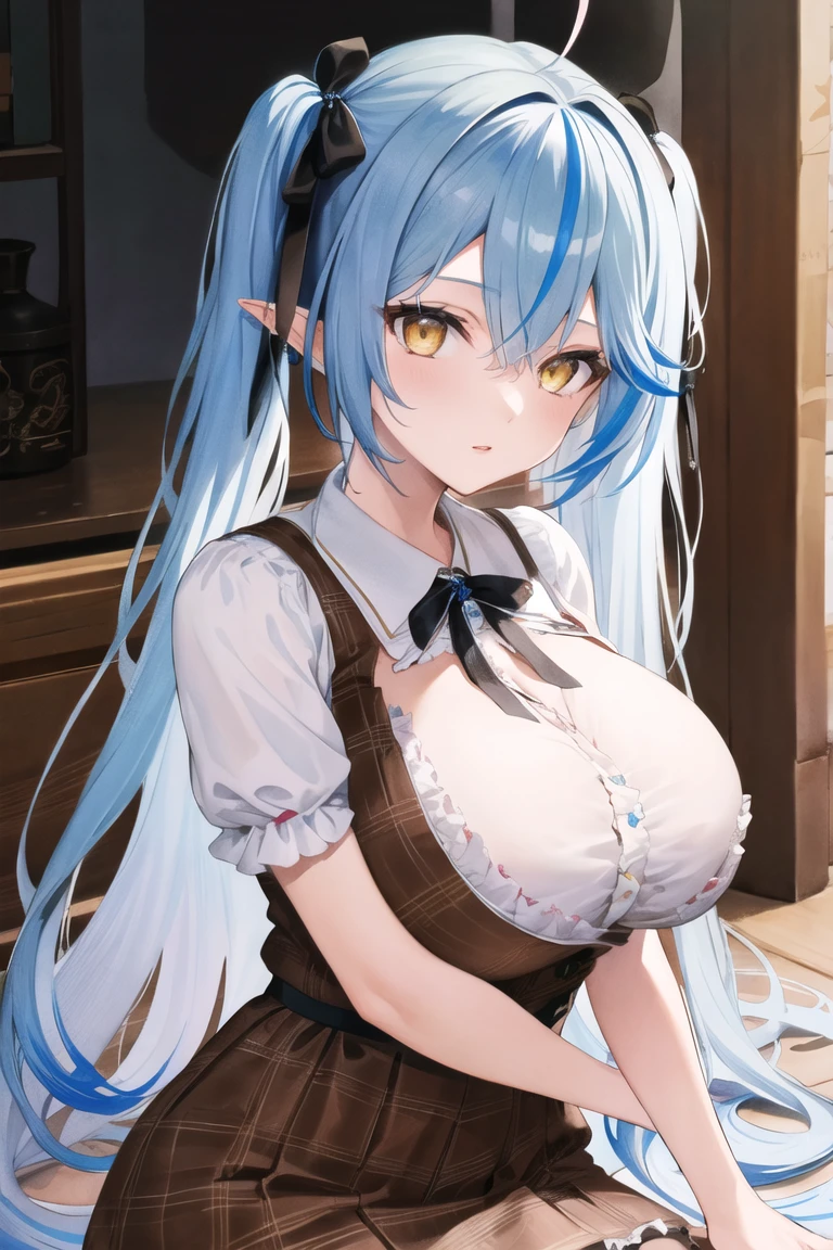 (Ultra-high resolution,masterpiece, Attention to detail, Highest quality), 8K,(aalamy, long hair, streaked hair, ahoge, braid, beret, white headwear, hair flower, blue bowtie, cleavage, clothing cutout, white shirt, off shoulder, sleeveless, black corset, blue coat, snowflake print, fur-trimmed coat, open clothes, white thighhighs, brown belt, blue skirt),(Blessed,Captivating body、Ultra-detailed skin、Super beautiful eyes、Detailed Background),One girl, (breasts_on_Glass,breast press, against Glass, hands on Glass:1.2),window fog, embarrassed, (shower room:1.7), (from front:1.3),Perfect five-finger, huge breasts