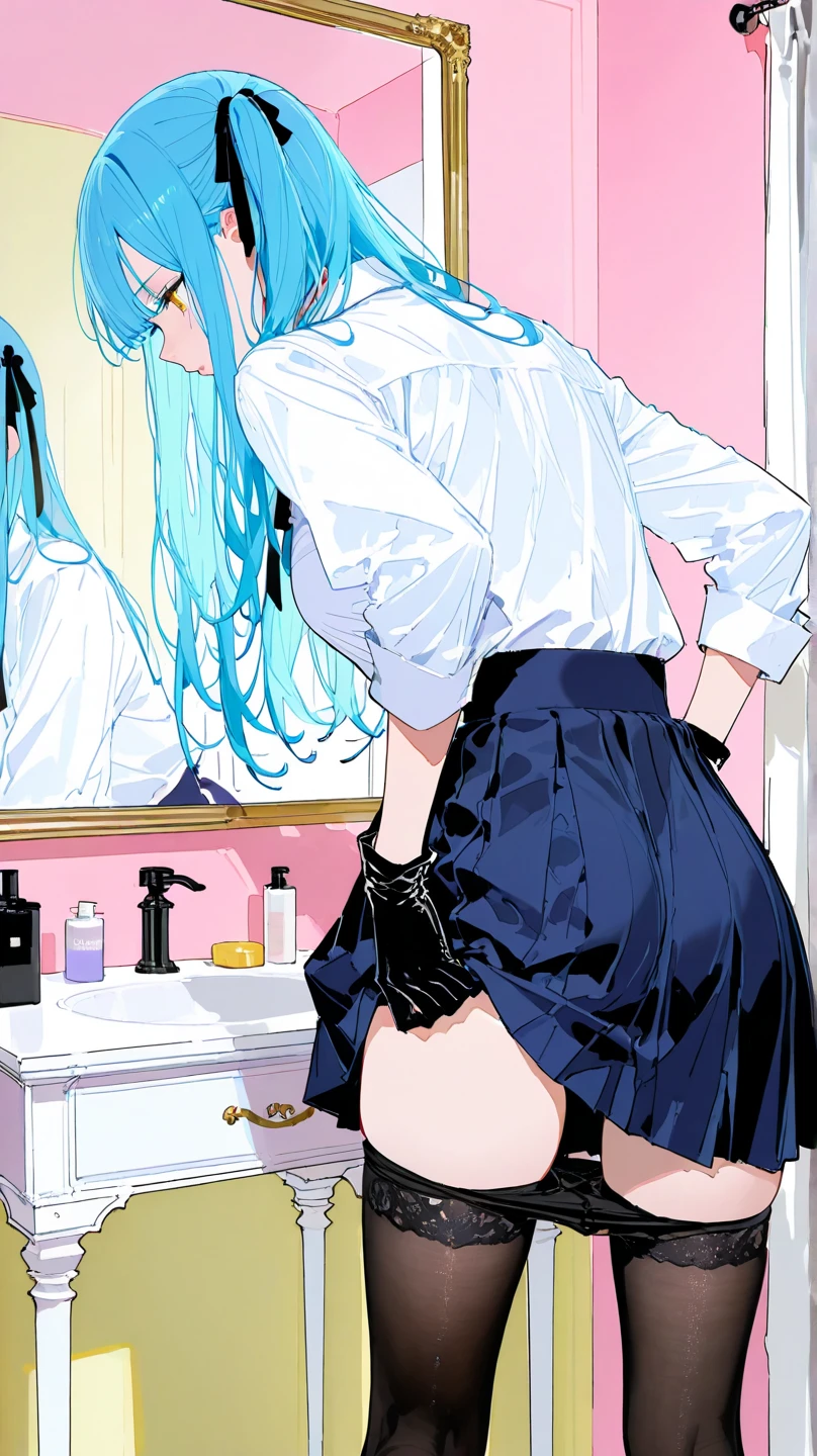 NSFW,masterpiece,Highest quality,High resolution,Super detailed,dawn_\(pokemon\),blue eyes, Blue Hair, Long Hair, Side Lock, Hair Clip, Beanie, Black Dress, No sleeve, Pink Skirt, scarf,Embarrassed,blush,Luxury lingerie shop,(Underwear section),Luxury stores,(male),(Having sex),Insert,Creampie,Trembling,Leaning forward,Put your hands on the wall,From the side