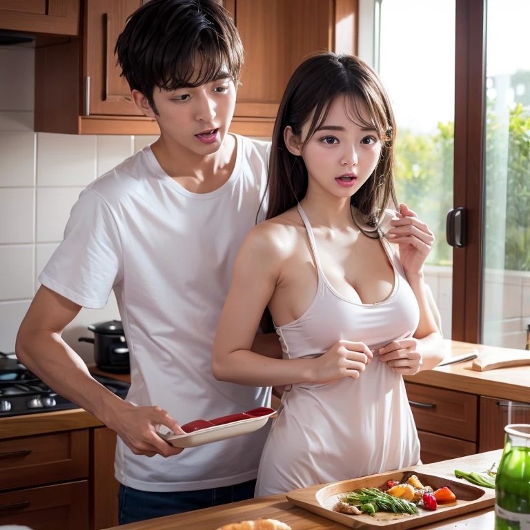 Full Body Shot、masterpiece, highest quality, One girl and one guy, A man stands behind a woman、Japanese、(((Completely naked)))、Slender Young Woman、、high school student、Short Hair、Very busty,Very heavy chest、Brown eyes, Beautiful Face、Little beautiful girl、Outdoor、Grilling meat、BBQ、(((A man touches a woman's breasts)))、