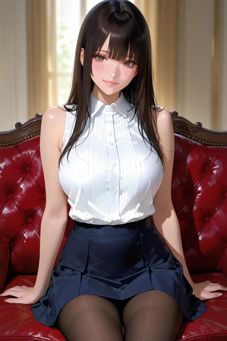 masterpiece, best quality, 1girl, portrait, formal shirt, frilled shirt, sleeveless, large breasts, sitting, valley, hills,