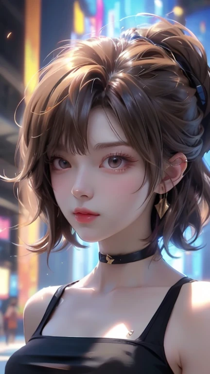 (Highest quality,8k,High resolution,masterpiece:1.2),Digital Art, girl，Delicate face，Delicate eyes，Dark brown hair，Straight hair，Low ponytail、Sparkling amber eyes，Red lips，particle，Dust，A little blush，shy，in love，Gaze lovingly at，(HD Skins)，Cleavage，Shallow depth of field，Warm colors，2-color light
