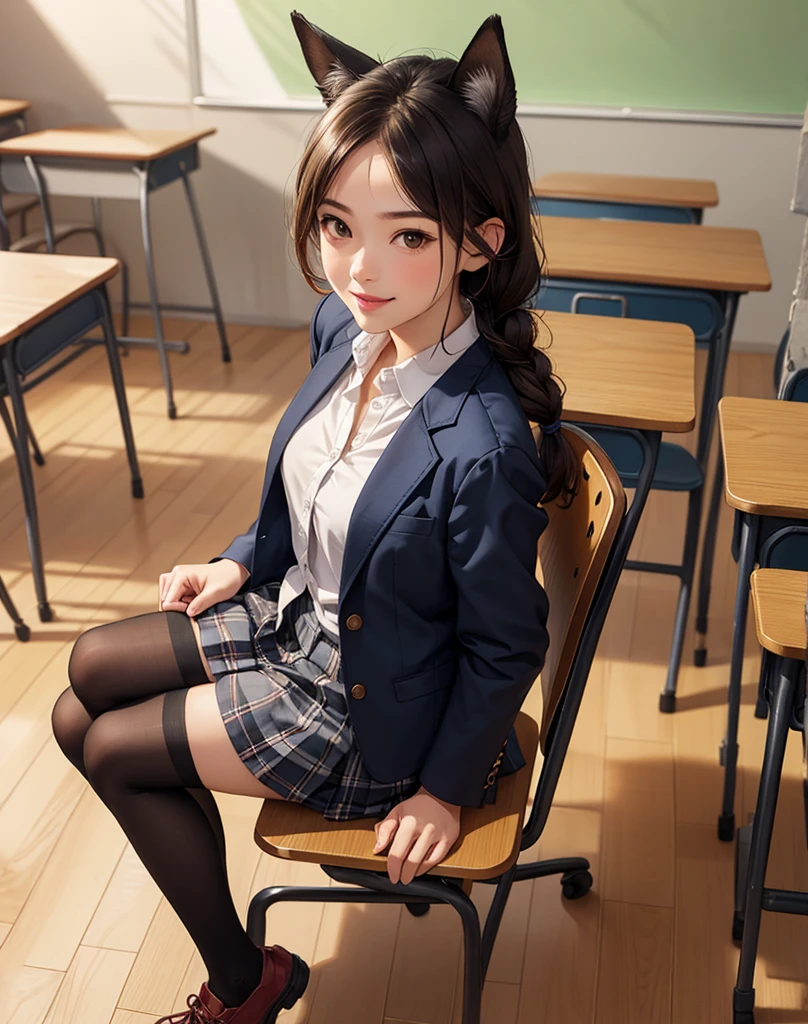 there is a woman sitting on a chair in a classroom, in class room, sitting in classroom, a hyperrealistic schoolgirl, Japan school uniform, japanese high school, japanese girl school uniform, a hyperrealistic schoolgirl, of a schoolgirl posing, wearing japanese school uniform, Cute Schoolgirl, full subject in shot, Pupils, Realistic Schoolgirl, In the classroom of the school