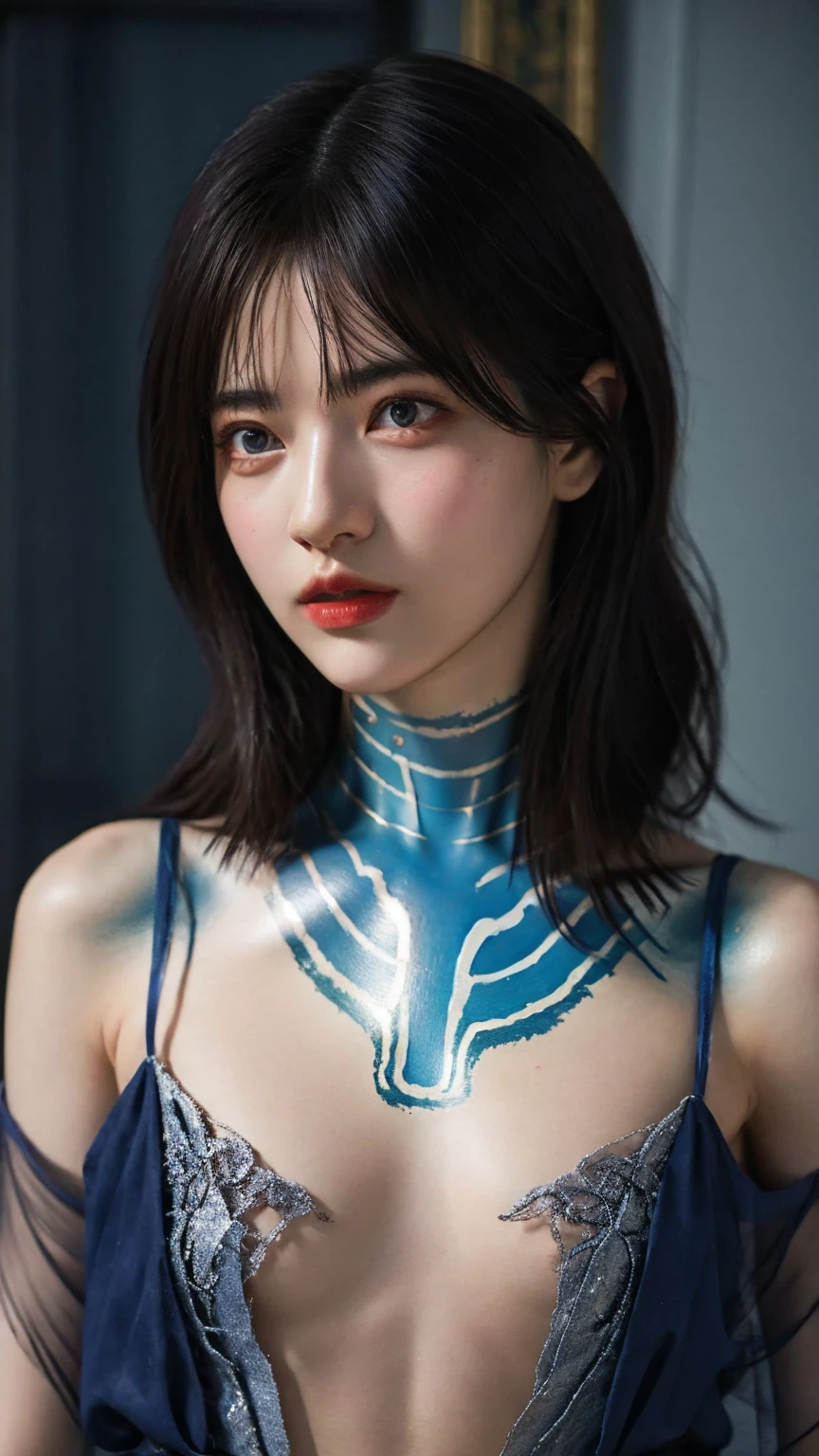 ((Realistic lighting, Highest quality, 8K, masterpiece: 1.3)), Clear focus: 1.2, 1 Girl, Perfect Body Beauty: 1.4, Slim Abs: 1.1, ((Dark brown hair, Big Breasts: 1.3)), (Finished with body paint,Transparent metallic blue solo mesh sundress: 1.4), (Simple gray background: 1.1),Body Paint Dresses, whole body, Long legs, Simple gray background, Highly detailed face, Beautiful Eyes, double eyelid,Beautiful smile